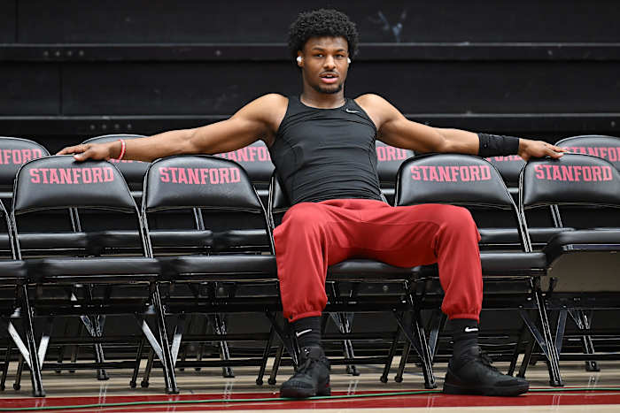 Bronny James before USC’s 99–68 loss to Stanford on Feb. 10, 2024.